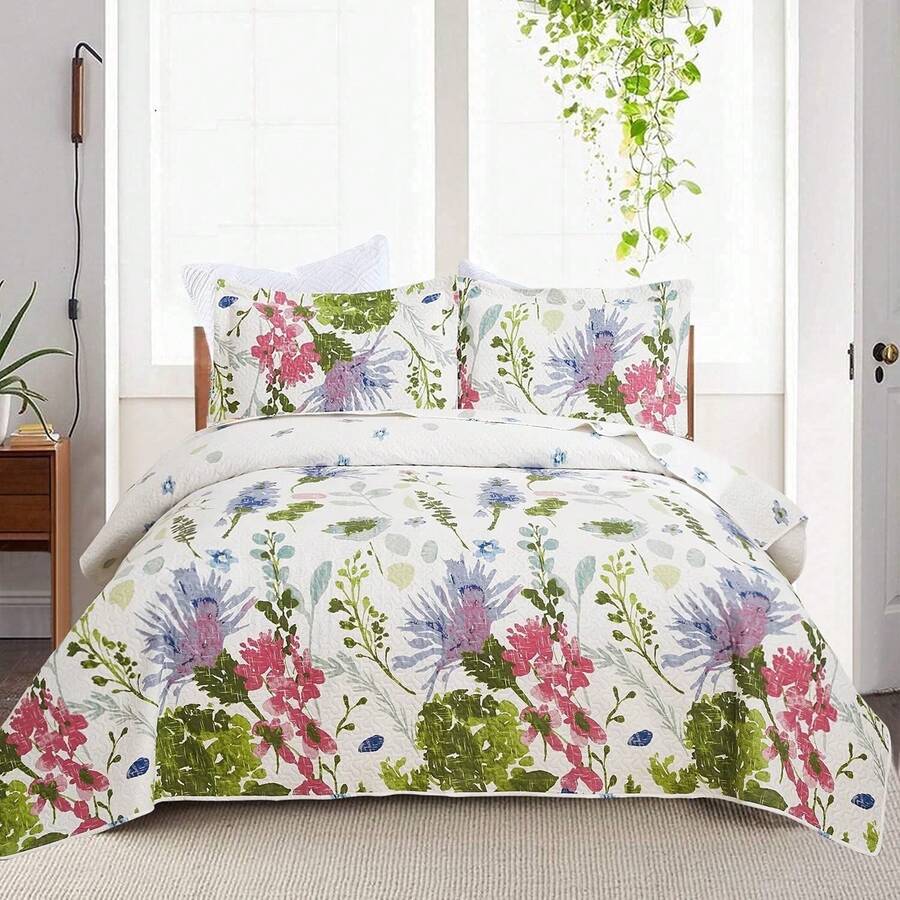 Twin/Full/Queen/King Quilt Set, 3 Piece Floral Bedding Set Microfiber Bedspread Coverlets For Beds - Happy Flowers - View 1