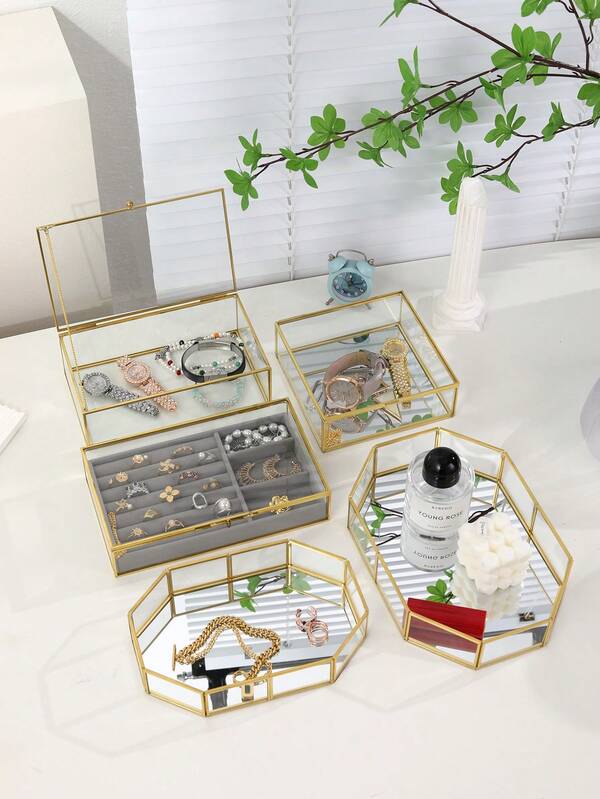 1 pieza Caja de almacenamiento con tapa de vidrio transparente, bandeja organizadora de maquillaje para cosméticos, lápices labiales, joyas, exhibición de tocador para mujeres, organizador de almacenamiento, esencial de viaje, decoración de otoño, Halloween