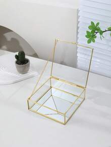 1个透明玻璃盖收纳盒，首饰整理托盘，可收纳化妆品、口红，可放在梳妆台上，防尘首饰盒，送给女孩的礼物 - 金色 - 查看 5