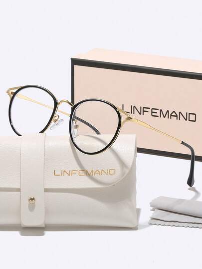  LINFEMAND 经典金属框架复古圆形装饰无度数眼镜，女士日常办公装免妆高冷眼镜，职场配饰，节日礼物