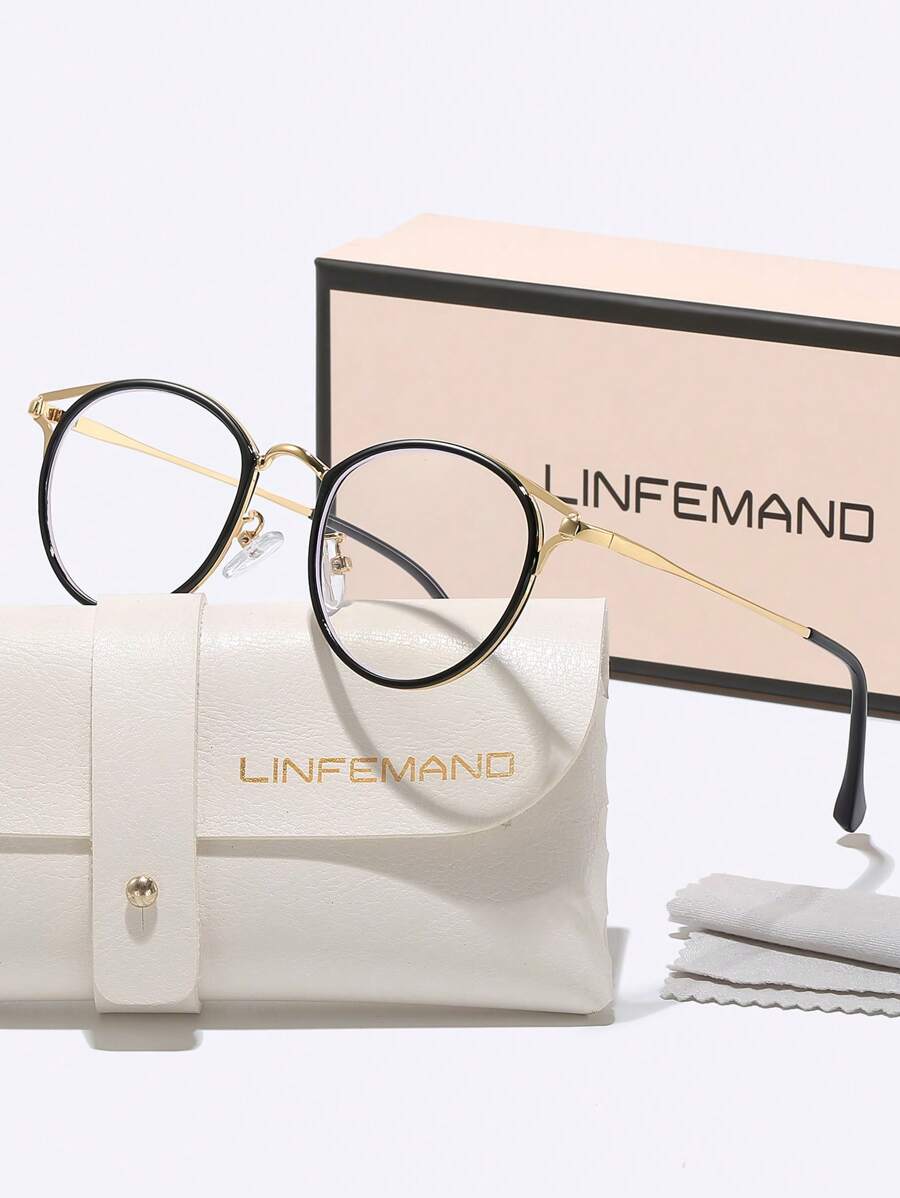 LINFEMAND 经典金属框架复古圆形装饰无度数眼镜，女士日常办公装免妆高冷眼镜，职场配饰，节日礼物