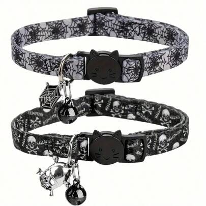 1pc Adjustable Halloween Cat Collar With Safety Buckle And Charm - Polyester, Festive Pattern
