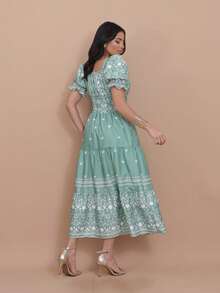 Helena Crepe Printed Midi Dress With Short Sleeves - Mint Green - View 2