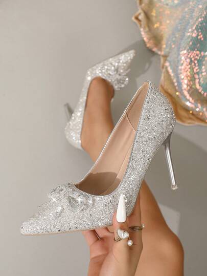 Elegant Glamorous Fashion Gold Crystal Women's High Heel Pumps, Luxurious Gold High Heels For Daily Wear, Bridal, Wedding Dress, Lightweight, Comfortable, Solid Color Sparkling Star Design, Elegant Party & Nightclub Style, Bow Accent, Thin High Heel, Suitable For All Seasons