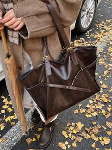 CHAIKA & KILTER 纯色 PU 面料单肩包，女士复古休闲大容量单肩手提包，大学生背包，肩带饰有荷叶边，双提手，磁扣，适合旅行、购物、约会、送给女性的礼物，适合少女、大学生、年轻职业人士、办公室、学校、工作、商务、通勤、户外、旅行、野餐等场合。 - 咖啡 - 查看 5