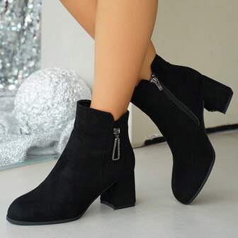 Women's Fashion Short Boots, New Suede Round Toe Chunky Heel Stylish Versatile Comfortable High Heel Short Boots, Slimming Boots
