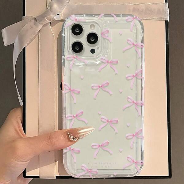 1pc Pink Bow & Heart Design Phone Case Suitable For IPhone 14 Pro, 13, 11/12, IPhone 15 Plus, 14 Pro Max, 13, 12, 14, 13 Soft Case, 12, 15 Pro Max, 16 Series
