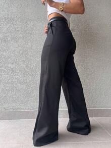 JANE FINE 2036 With Belt Palazzo Pants Details Plain Women's Pants Without Elastane Real Pockets - 黑色 - 查看 4