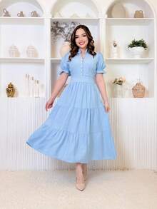 Midi Dress Luxury Elegant Sensory Cotton Short Sleeve - 淺藍色 - 查看 1