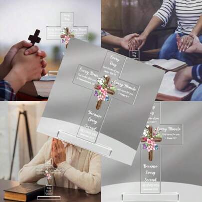 RIKONDA LaserEngraved Christian Cross Decor 16x16cm Acrylic Standing Cross With Alloy BaseBible Verse Display With Sunflower Motif Inspirational Home And Office Gift 130g