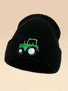 1pc Cartoon Tractor Embroidered Knit Beanie Hat, Suitable For Cycling And Hiking