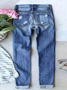 Plus Size Jeans For Women Distressed Ripped Denim Pants Floral Plaid Patchwork High Waisted Stretch Comfort Fit Bootcut - Blue - View 4