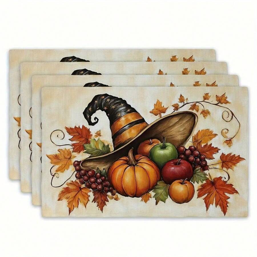 4pcs/6pcs/8pcs Elegant Autumn Placemats, Featuring Pumpkin & Witch Hat Designs With Fallen Leaves, Durable Polyester, Machine Washable, Suitable For Home Kitchen, Parties, Birthdays, Seasonal Decor, Autumn, Home, Halloween, 11.81*17.72 Inches - Multicolor - View 1
