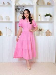 Midi Dress Luxury Elegant Sensory Cotton Short Sleeve - Màu Hồng baby - Xem 1