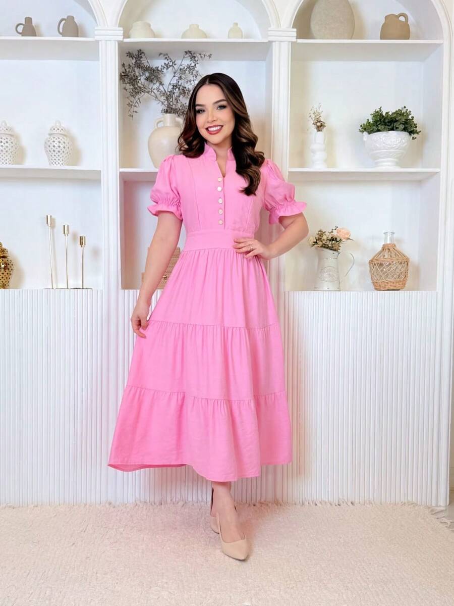 Midi Dress Luxury Elegant Sensory Cotton Short Sleeve - Màu Hồng baby - Xem 1