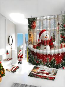 圣诞快乐雪人浴帘套装 - 防水，节日浴室装饰，带挂钩，趣味十足，家居室内装饰，热门人物主题 - 彩色 - 查看 7