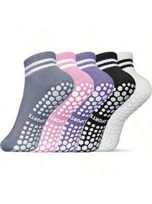 5 Pairs Women's Grip Socks, Non-Slip Pilates Yoga Socks Double Stripe Non-Slip Socks Exercise, Ballet, Sport Socks, Mid-Tube Socks - Multicolor - View 16
