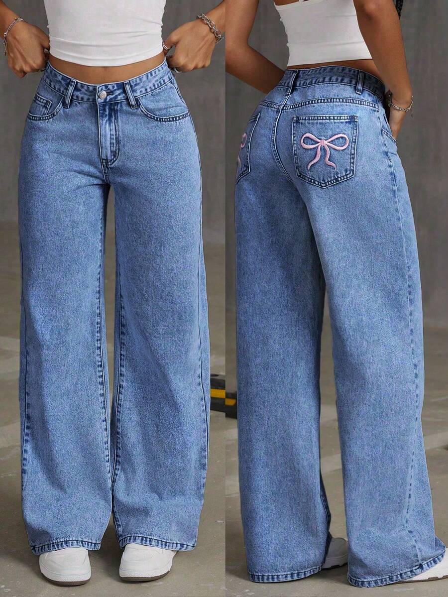 Teen Girl Oversized Butterfly Print Loose Fit Flared Denim Pants - Medium Wash - View 1