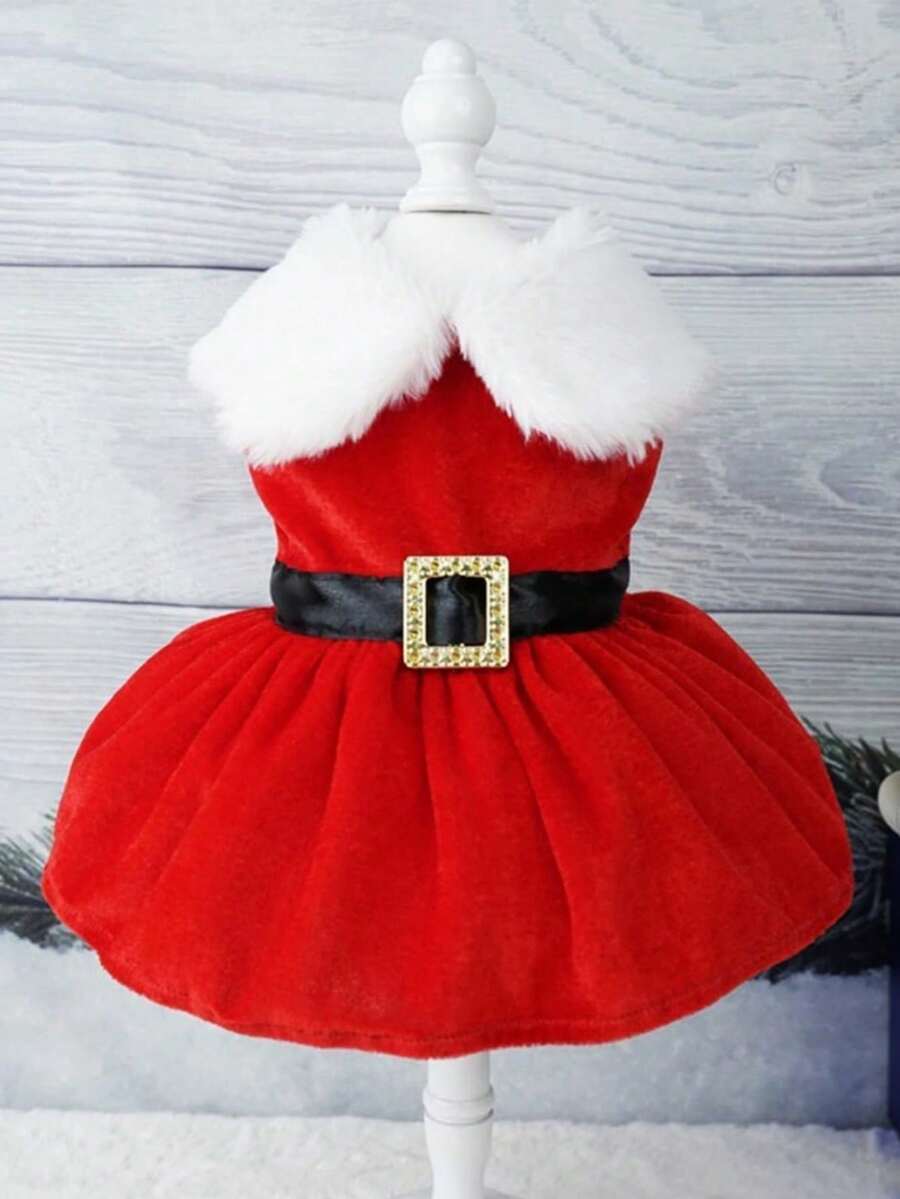 狗狗圣诞服装小狗连衣裙，圣诞老人宠物服装天鹅绒裙子保暖衬衫冬季外套圣诞节节日服装可爱女孩服装红色连衣裙，适合中小型犬和猫的狗狗服装，两种款式可供选择 - 彩色 - 查看 1