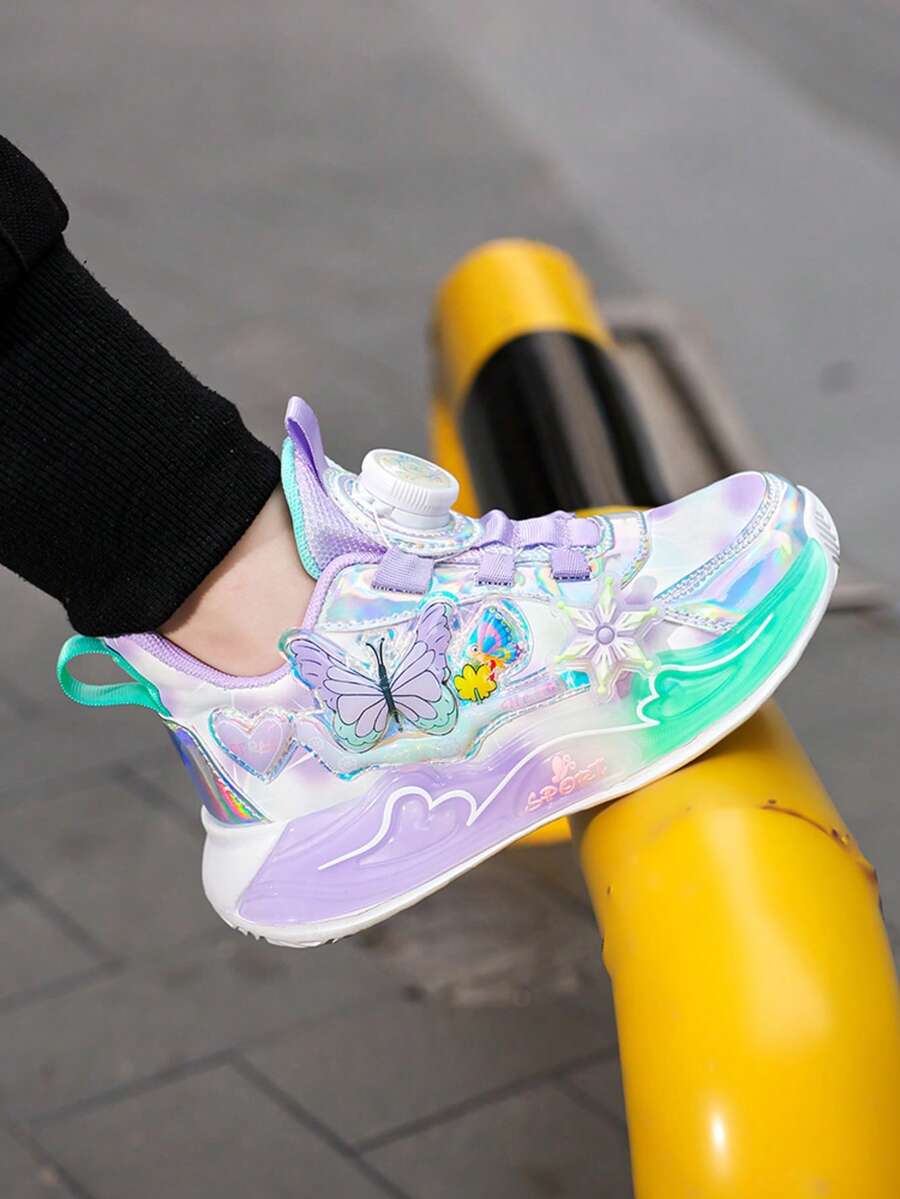 1 双 PU 皮革儿童旋转纽扣女童鞋，透气女童公主运动跑步鞋 - 紫色 - 查看 1