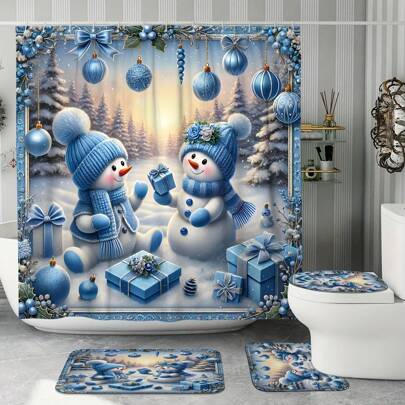 1/4 Pcs Christmas Winter Shower Curtain Set, Snowman Christmas Ball Gifts, Cute Blue Waterproof Polyester Washable Shower Curtain For Christmas Bathroom Decor, With 12 Hooks Non-Slip Bath Mat U-Shaped Toilet Seat Cover