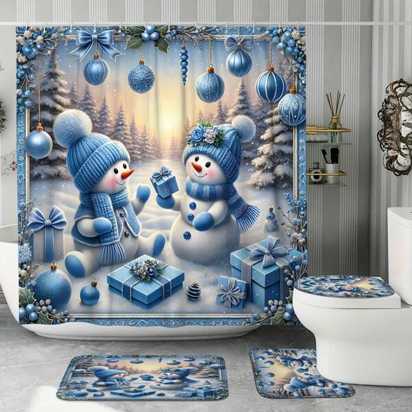 1/4 Piezas Juego de Cortina de Ducha de Invierno Navideña, Muñeco de Nieve Bolas de Navidad Regalos, Cortina de Ducha Azul Lindo Impermeable de Poliéster Lavable para Decoración Navideña del Baño, con 12 Ganchos Alfombra de Baño Antideslizante y Tapa de Inodoro con Forma de U