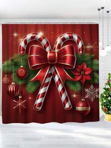 1/4 件圣诞冬季浴室窗帘套装，糖果球蝴蝶结装饰简约红绿色涤纶可洗浴帘，圣诞浴室装饰，带 12 个挂钩防滑浴垫和 U 型马桶座套