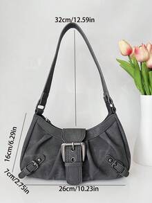 Fashionable Retro Women's Bag, Versatile Mini Motorcycle Bag, Y2K Babe Bag, Shoulder Underarm Bag, Pleated Baguette Bag, Ombre Gray Denim Effect PU Leather Women Handbag - Grey - View 3