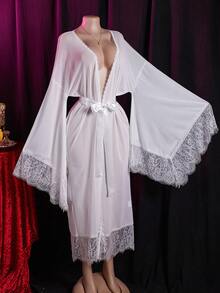 Sheer, High Elasticity, Skin-Friendly, Soft, White, Deep V-Neck, Low-Cut, Lace, Sexy, Home, Long Sleeve, Flared Sleeve, Fitted, Loose, A-Line, Long Robe, Bath Robe, Sleepwear