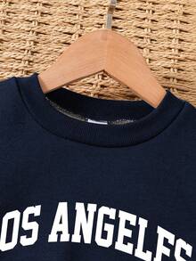 青少年男孩字母图案印花保暖圆领运动衫和运动裤套装 - 寶藍色 - 查看 3