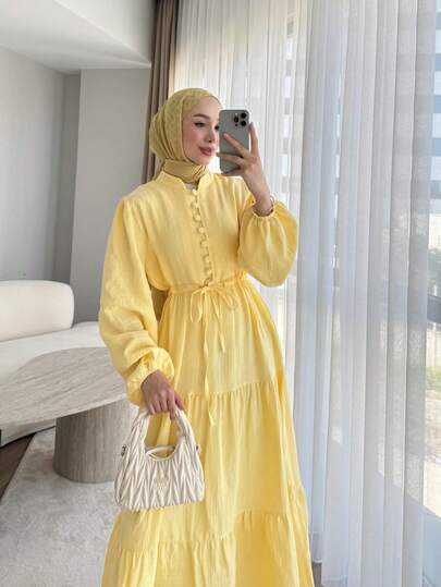 Women's Elegant Solid Color Button Waist Tie Knot Casual, Birthday Party, Formal Evening, Date Lantern Sleeve Hem Patchwork Dress, Autumn/Winter Spring