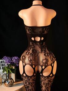 1pc Women's Sexy Mesh Bodystocking, Lace Jumpsuit - Black - View 2