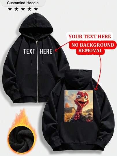 Customized Men's Zip-Up Hoodie Sweatshirt - Can Customize With Your Text, Logo, Photo, Lucky Number, Birthday, Anniversary, Christmas Tree, Family Photo, Halloween Pumpkin, Ghost, Thanksgiving Turkey, Dance Crew Photo, Work Uniform, Advertisement, School Uniform Design, Black Zip-Up Sweatshirt, Suitable For Autumn & Winter, Pocket With Drawstring, Long Sleeve Top