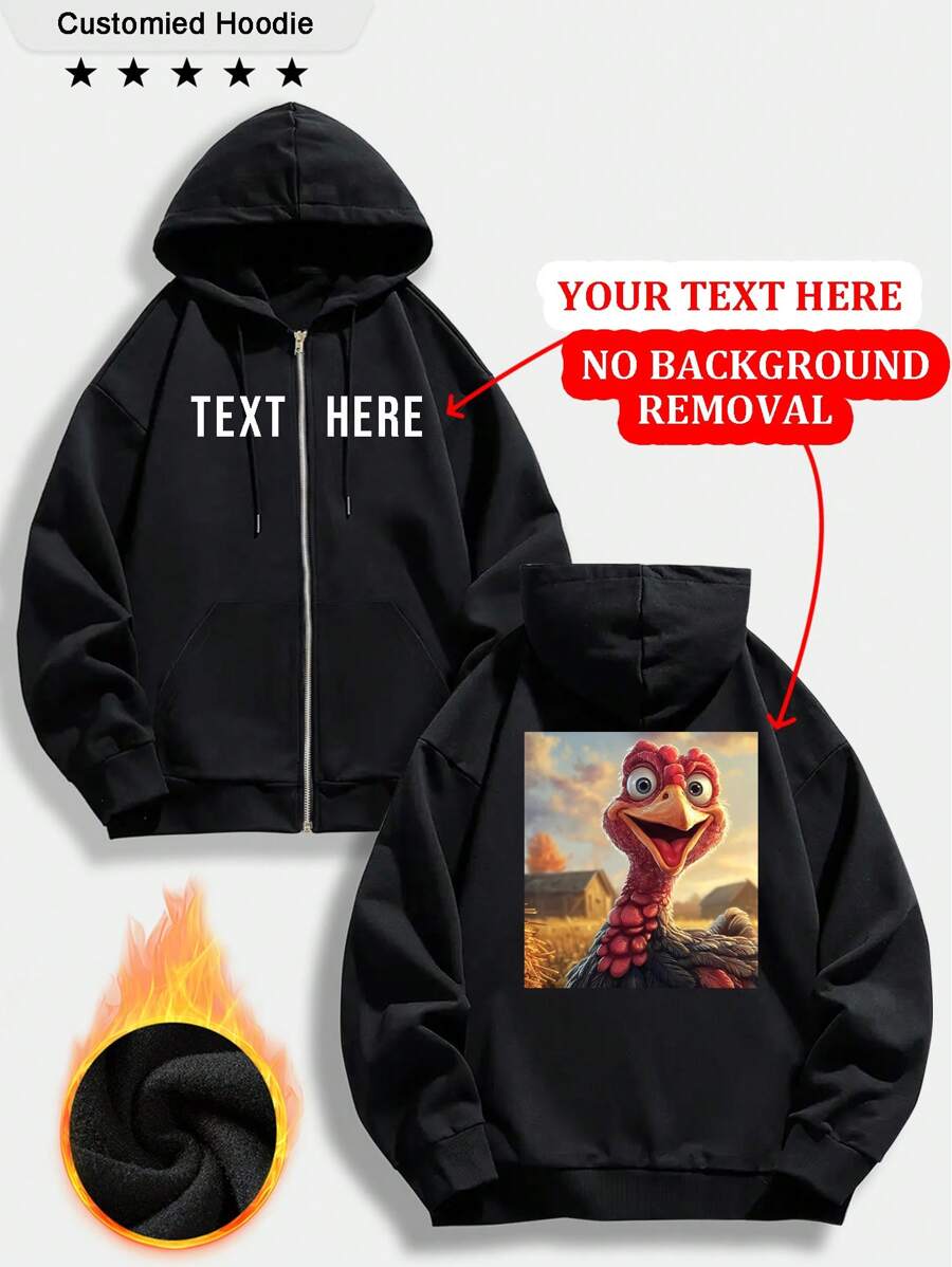 Felpa con cappuccio e chiusura lampo personalizzata da uomo - possibilità di personalizzare con testo, logo, foto, numero fortunato, compleanno, anniversario, albero di Natale, foto di famiglia, zucca di Ognissanti, fantasma, tacchino del Ringraziamento, foto del gruppo di ballo, divisa da lavoro, pubblicità, design di divisa scolastica, felpa con chiusura lampo nera, adatta per autunno e inverno, tasca con cordino