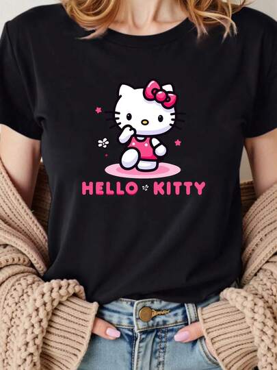 SANRIO HELLO KITTY Women's Short-Sleeved Crew Neck Casual T-Shirt With HELLO KITTY Print. Made Of Pure Cotton. Machine Washable. Suitable For All Seasons. Summer Wear. Fun, Sexy, Avant-Garde And Personalized Design. Opaque Fabric.