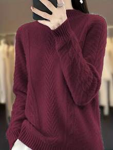 Plus Size Crew Neck Casual Long Sleeve Solid Color Knit Sweater - Burgundy - View 1