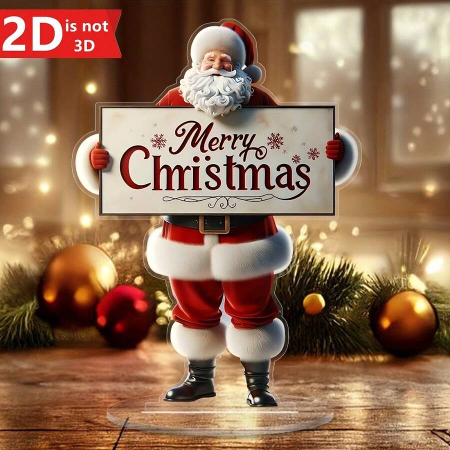 1 Piece 2D Merry Christmas Santa Claus Desktop Decoration, With Festive Slogan - Versatile Holiday Decor For Home And Office, Including Display Base Creative Decoration - 1個 - 查看 1