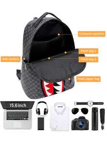 Mochila grande de capacidad versátil con estampado de tiburón para adolescentes, mochila personalizada minimalista para la temporada de regreso a clases, mochila ligera con estampado para reducir la carga en verano, estampado aleatorio en todo el tejido (todas las letras en las correas son aleatorias) - Negro - Ver 5