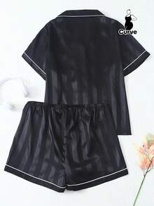 2件組女款大尺碼春夏緞面條紋短袖翻領上衣與蝴蝶結短褲睡衣套裝 - 黑色 - 查看 2