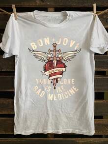 BON JOVI Band Printed Spring/Summer Casual Short-Sleeved Crew Neck T-Shirt, Casual Women's Wear  Fashion Simple T-Shirt For Women - 白色 - 查看 2