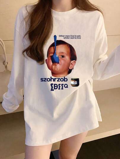 女士宽松卡通印花长袖T恤，适合春秋季休闲穿着，白色