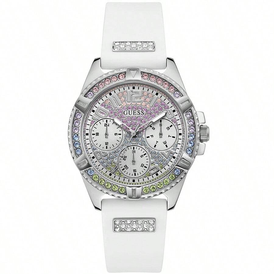 Guess Frontier 女士休闲奢华硅胶表带石英表，圆形表盘，水晶日历显示，时尚腕表，适合日常、晚宴、约会等场合，是送给女性的理想礼物。 - 彩色 - 查看 1