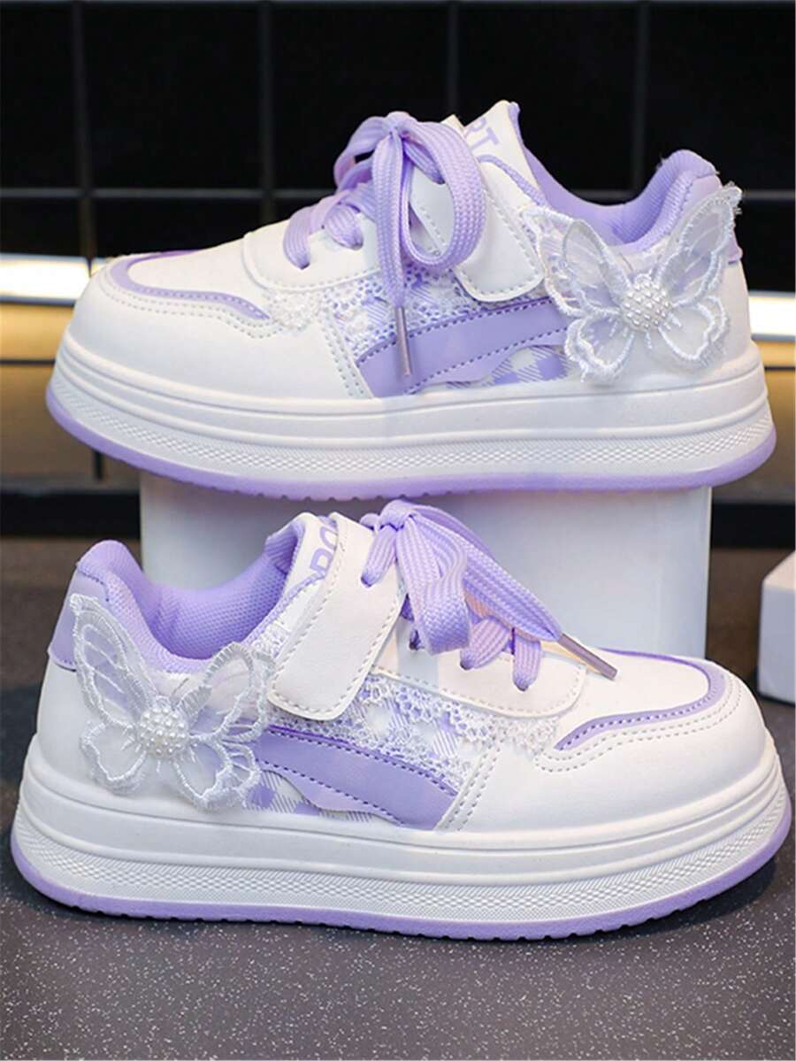 1 Par de Sapatos Esportivos Planos Fofos com Laço Pendente, Estilo Academia, Sola Macia, Antiderrapante e Resistente ao Desgaste, Adequado para Todas as Estações, Moda Feminina - Roxo - Visão 1