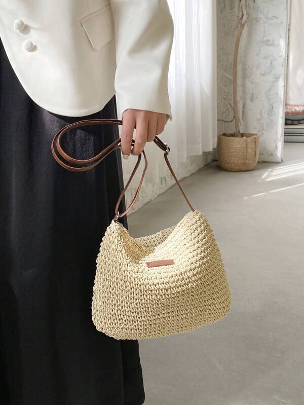 Straw Woven Diagonal Crossbody Bag, Women's Minimalist Solid Color Straw Woven Vacation Shoulder Bag,Fashion Suitable For Summer, Fashion Summer Vacation Bag, Beach Essentials Women Bags For Vacation & Holiday