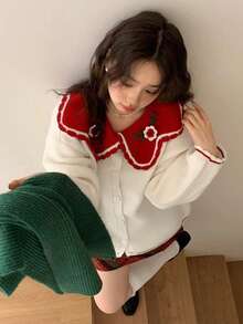 女士可爱撞色钩针花卉贴花领针织开衫毛衣，秋冬款 - 杏色 - 查看 2
