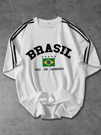 Shwiy Camiseta de manga corta con cinta negra de moda deportiva de verano para hombres con estampado de bandera de Brasil, letras y estrellas, uso casual para la escuela/diario, color blanco, regalo para el novio