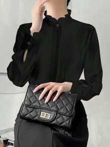 黑色荷叶边领女式衬衫，纯色简约休闲日常穿搭，春季款 - 黑色 - 查看 3
