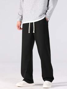 男士直筒裤 - 适合健身、休闲和日常正式场合，腰部抽绳，无弹力针织面料，适合健身房、办公室外出，可机洗，黑色裤子，纯色设计，柔软透气材质，宽松版型，适合春、夏、秋季户外休闲装，积极的生活方式 - 黑色 - 查看 2