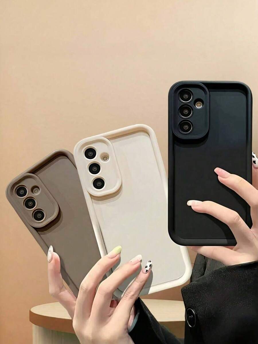 奢华时尚纯色材质三件套手机壳,带摄像头保护,适用于三星 Galaxy S24 S23 S22 S21 Ultra,哑光表面,春季礼物,生日派对佳品 - 棕色+黑色+白色 - 查看 1