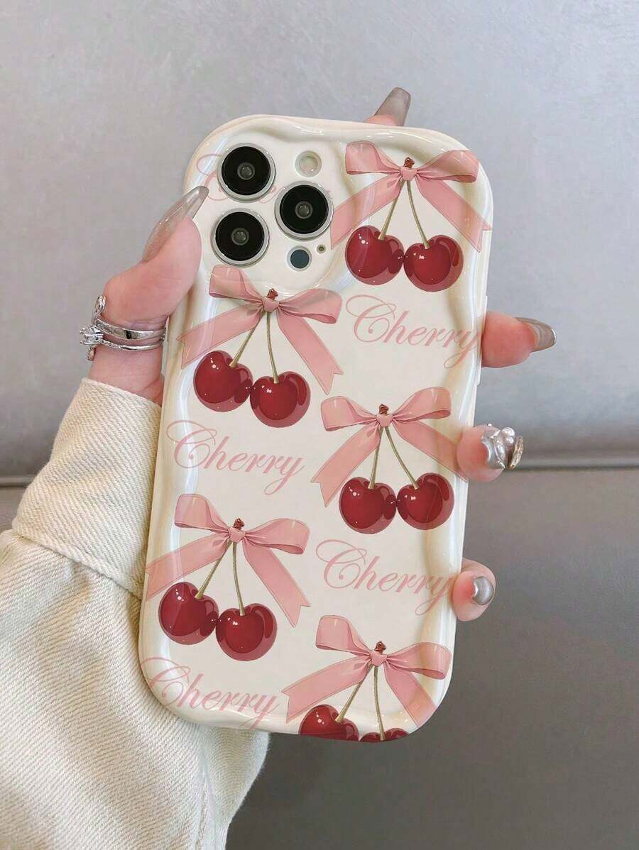 1pc Bow & Cherry  Camera Lens Protector Phone Case, Versatile, Cute & Anti-Drop Compatible With IPhone11 12 13 13ProMax 13ProMax 14ProMax 14ProMaxiPhone15 15PRO 15PLUS 15PROMAX IPhone16 16Pro 16Plus 16Promax Series Waterproof Shockproof Scratch Resistant - White - View 1